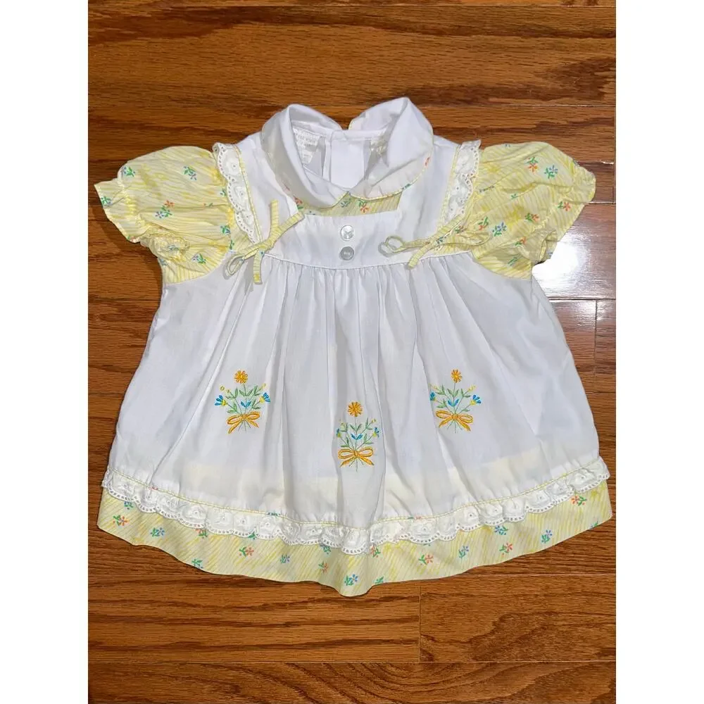Vintage Baby Girls Prairie Cottage Embroidered Floral Ruffle Dress Size 9M